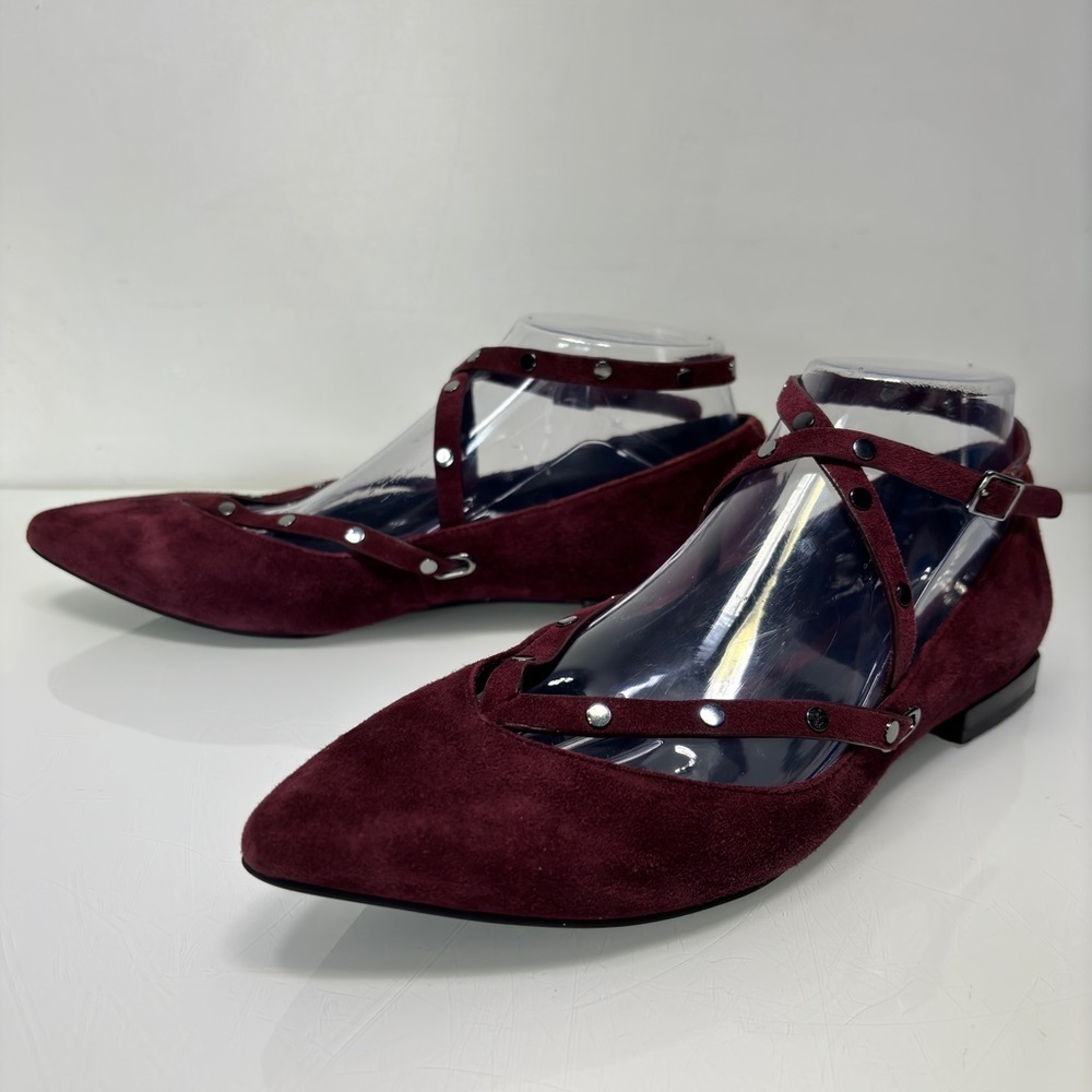 Rebecca Minkoff Faye Dark Maroon Suede Studded Straps Pointed‎ Toe Flats Size 8 - Picture 5 of 12